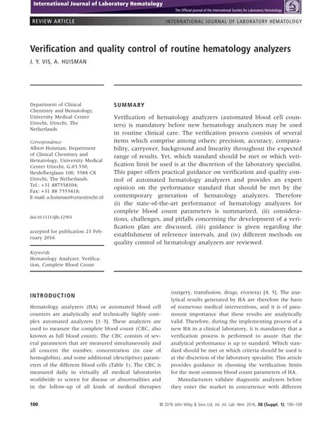 Verification and quality control of routine hematology .